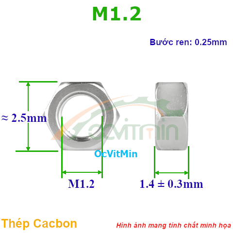 Đai Ốc Lục Giác M1.2 Tán Thép Mạ - Dai Oc Tan Ecu Luc Giac