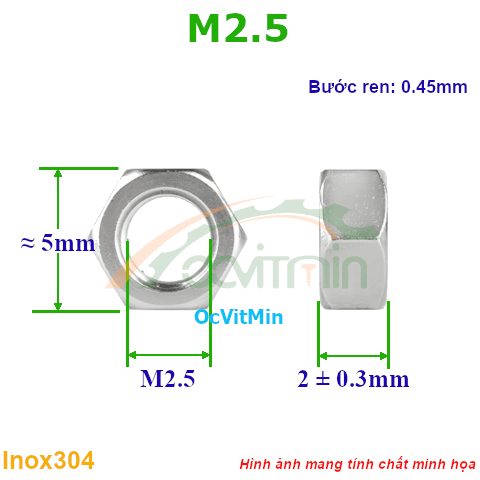Đai Ốc Lục Giác M2.5 Tán Inox304 - Dai Oc Tan Ecu Luc Giac