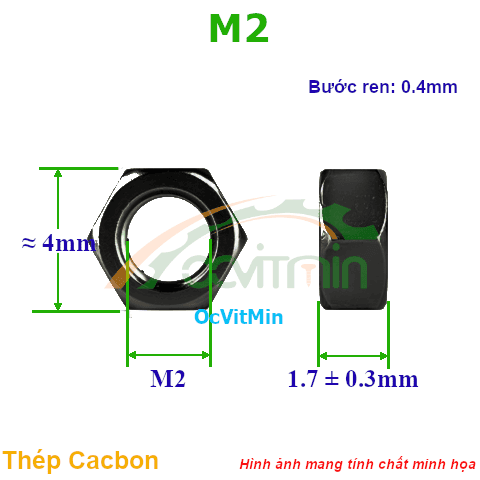 Đai Ốc Lục Giác M2 Tán Thép Đen - Dai Oc Tan Ecu Luc Giac