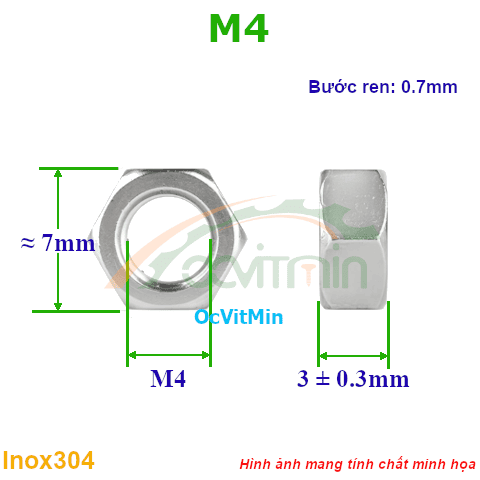 Đai Ốc Lục Giác M4 Tán Inox304 - Dai Oc Tan Ecu Luc Giac