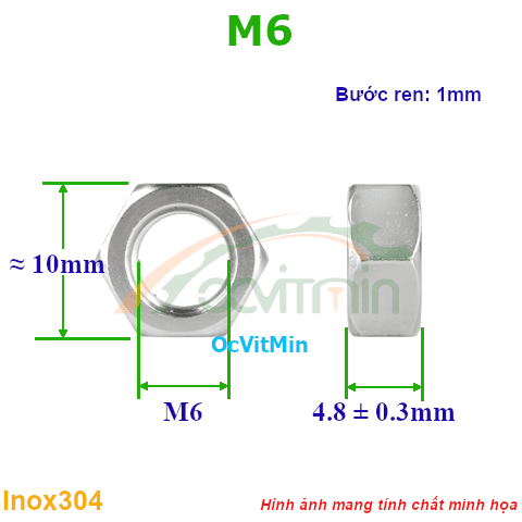 Đai Ốc Lục Giác M6 Tán Inox304 - Dai Oc Tan Ecu Luc Giac