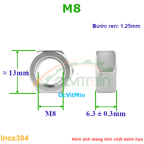 Đai Ốc Lục Giác M8 Tán Inox304 - Dai Oc Tan Ecu Luc Giac