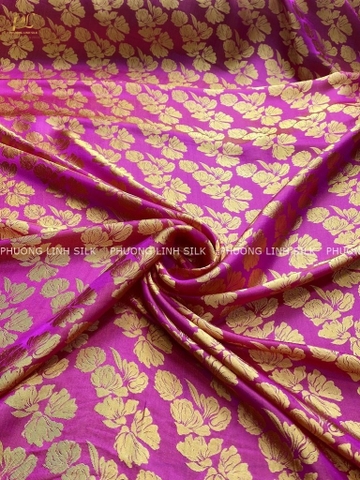VẢI LỤA TƠ TẰM SATIN HOA BÈO MÀU CAM HỒNG