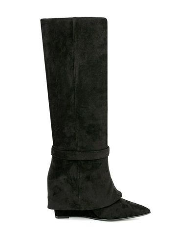 KNEE BOOTS MŨI NHỌN DA LỘN ỐNG LẬT KÈM ĐAI