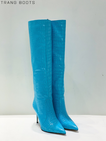 KNEE BOOTS MŨI NHỌN DA VÂN GÓT NHỌN 8CM