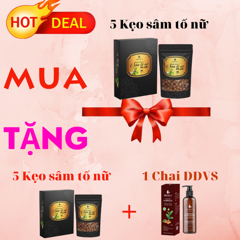 Hot Deal: Mua 5 hộp Kẹo Sâm tố nữ tặng 5 hộp Kẹo sâm tố nữ  và 1 chai Dung dịch vệ sinh Thảo mộc 37