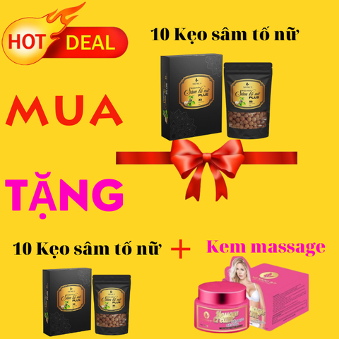 Hot Deal: Mua 10 hộp Kẹo Sâm tố nữ tặng 10 hộp Kẹo sâm tố nữ  và 1 Kem massage nở ngực Thảo mộc 37