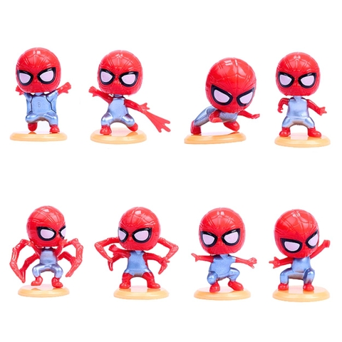 Bộ 8 spider man chibi - Cao 4-5cm - nặng 50gram - Phụ kiện : đế + chân nhện - No box : bọc túi OPP