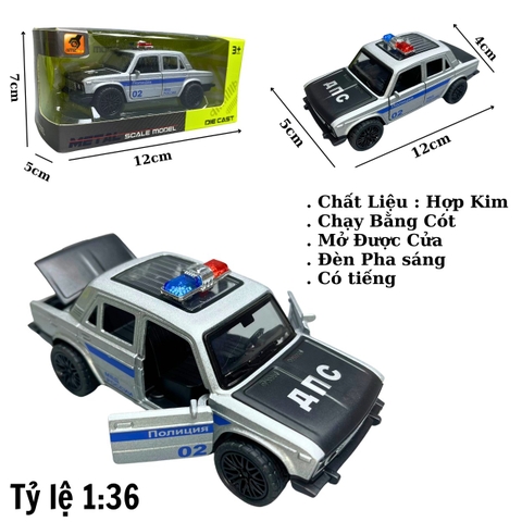 Mô Hình xe oto Police màu xám - tỉ lệ 1:36 Hợp kim có thể mở cửa - bánh sau chạy cót - Có tiếng - đèn pha sáng - Dài 12cm - rộng 5cm - cao 4cm - nặng : 200gram - FULL BOX : box màu