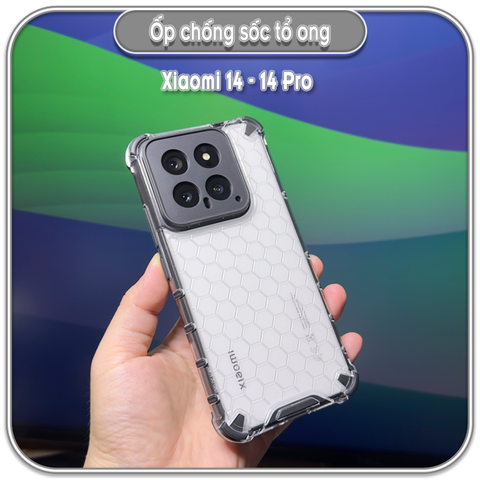 Ốp chống sốc Xiaomi 14 - 14 Pro, tổ ong PC trong không ố vàng, viền TPU dẻo đen