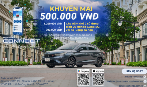 “Tặng Khuyến mại sử dụng gói dịch vụ Honda CONNECT” - Nhận ngay 500,000 VNĐ cho khách hàng mua gói dịch vụ Honda CONNECT năm thứ 2 tại các Nhà phân phối Ô tô Honda