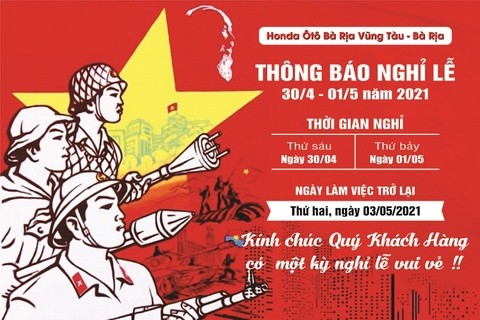 THÔNG BÁO LỊCH NGHỈ LỄ 30/04 - 01/05/2021