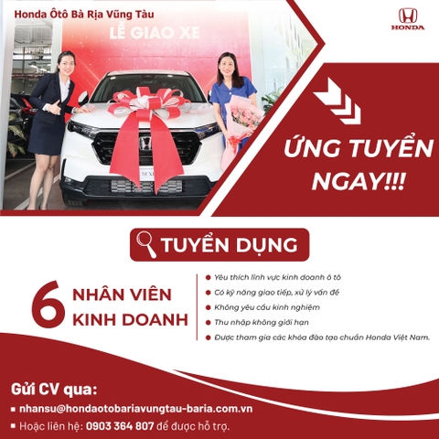 CƠ HỘI VIỆC LÀM HẤP DẪN TẠI HONDA ÔTÔ BÀ RỊA VŨNG TÀU