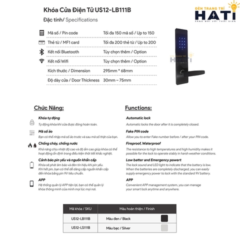 Khoá cửa điện tử Adel US12-LB111B/LS111B
