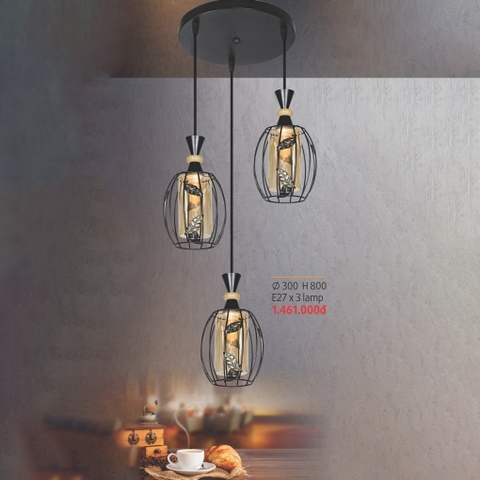 Đèn thả 3 thủy tinh chao trà, khung bầu dục