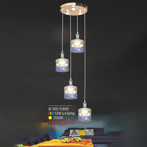 Đèn thả 4 led chao 2 lớp, bông hoa xanh