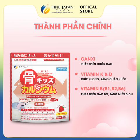 [Vị Dâu] Bột Canxi Cá Tuyết Fine Bone's Calcium For Kids FINE JAPAN bổ sung Canxi phát triển chiều cao gói 140g