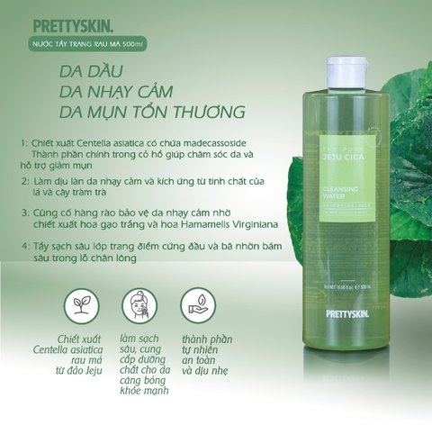 Bộ Ba Chăm Sóc Da Lành Tính Chiết Xuất Rau Má PRETTYSKIN Cho Da Nhạy Cảm - Nước Tẩy Trang + Sữa Rửa Mặt + Kem Chống Nắng