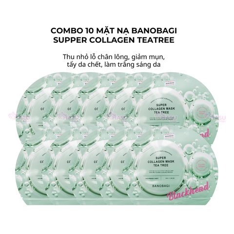 Combo 10 mặt nạ Banobagi Supper Collagen Teatree thu nhỏ lỗ chân lông, giảm mụn, tẩy da chết, làm trắng sáng da