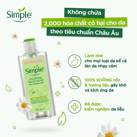 Nước Hoa Hồng Không Cồn Làm Dịu Da Simple Kind To Skin Soothing Facial Toner 200ml