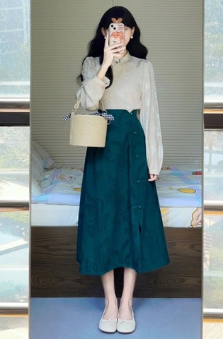 Set áo trắng sườn xám váy xanh phong cách cô gái Trung Hoa hiện đại thanh lịch xu hướng mới D139240