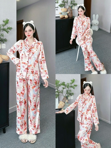 Đồ ngủ Pijama hàng hiệu form dài lụa cao cấp hottrent họa tiết Gấu hồng Cute DN140240