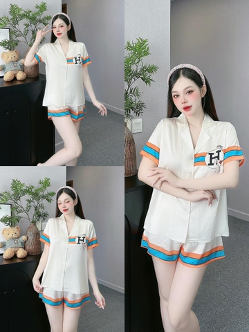 Set bộ đùi Pijama hàng hiệu form ngắn lụa cao cấp hottrent Trắng phối sọc cam xanh DN164240