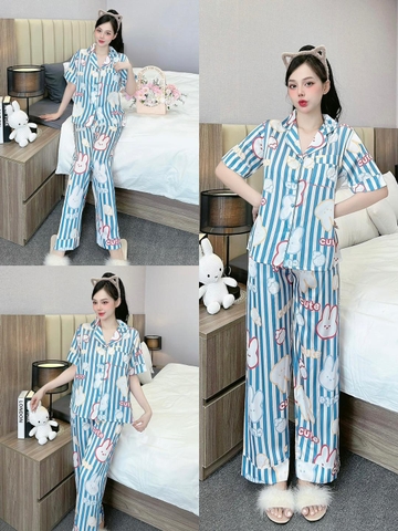 Đồ ngủ Pijama hàng hiệu form dài lụa cao cấp hottrent Kẻ Trắng xanh họa tiết thỏ hồng DN173240