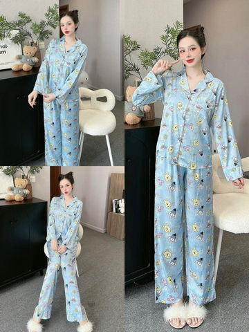 Đồ ngủ Pijama hàng hiệu form dài lụa cao cấp hottrent Xanh họa tiết gấu Bunny DN178240