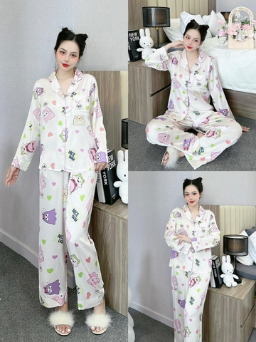 Đồ ngủ Pijama hàng hiệu form dài lụa cao cấp hottrent Trắng họa tiết Catoon DN174240