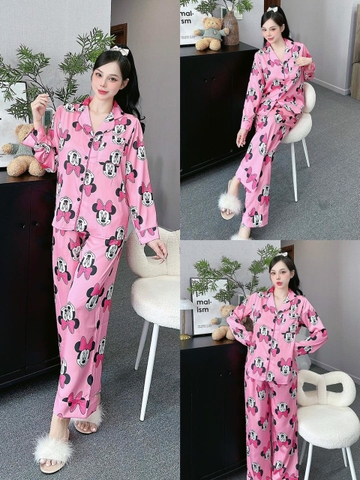 Đồ ngủ Pijama hàng hiệu form dài lụa cao cấp hottrent Hồng họa tiết Micky DN170240