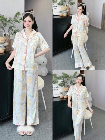 Đồ ngủ Pijama hàng hiệu form dài lụa cao cấp hottrent Trắng họa tiết gấu vàng DN175240