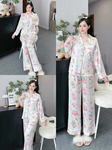 Đồ ngủ Pijama hàng hiệu form dài lụa cao cấp hottrent Trắng họa tiết gấu Kute DN177240