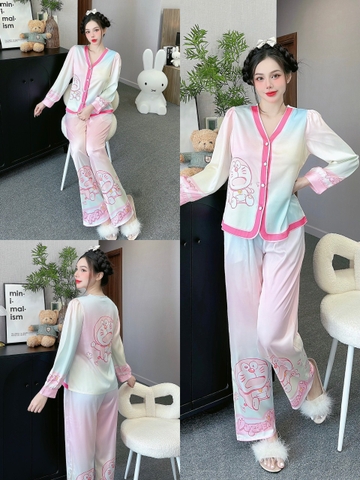 Đồ ngủ Pijama hàng hiệu form dài lụa cao cấp hottrent Hồng Doraemon DN192240