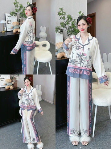 Đồ ngủ Pijama hàng hiệu form dài lụa cao cấp hottrent Trắng phối viền ghi Họa tiết Hoa DN217240