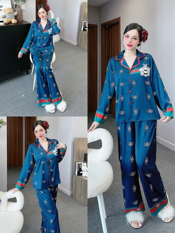 Đồ ngủ Pijama hàng hiệu form dài lụa cao cấp hottrent Xanh phối viền đổ Họa tiết con ong DN223240