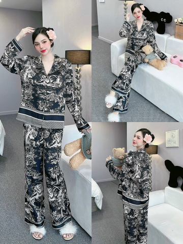 Đồ ngủ Pijama hàng hiệu form dài lụa cao cấp hottrent Đen phối Họa tiết trung hoa DN224240
