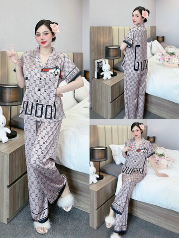 Đồ ngủ Pijama hàng hiệu form dài lụa cao cấp hottrent Hồng phối Họa tiết GD DN225240