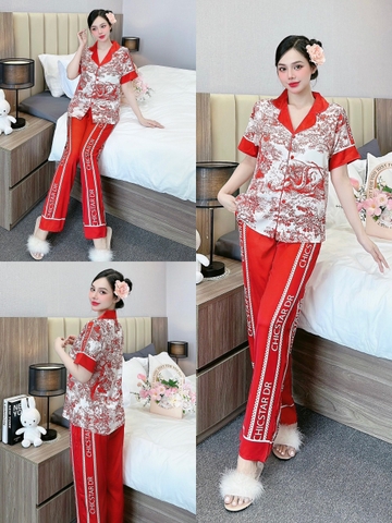 Đồ ngủ Pijama hàng hiệu form dài lụa cao cấp hottrent Đỏ phối Họa tiết Trung hoa DN226240