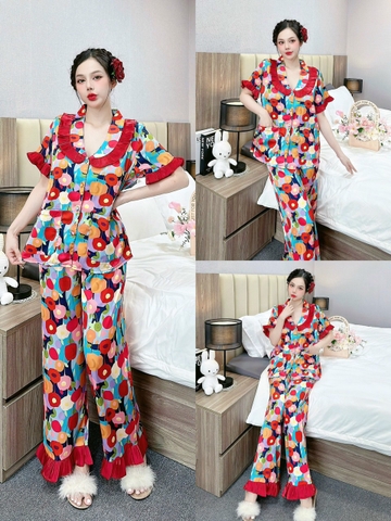 Đồ ngủ Pijama hàng hiệu form dài lụa cao cấp hottrent Đỏ phối Họa tiết  hoa DN227240