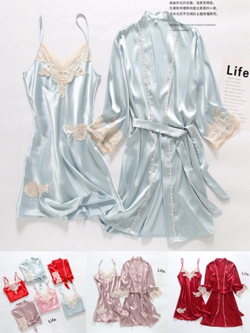 Set váy ngủ + áo choàng lụa trơn cao cấp phối ren phong cách tiểu thư nhẹ nhàng xu hướng mới nhất DN230240