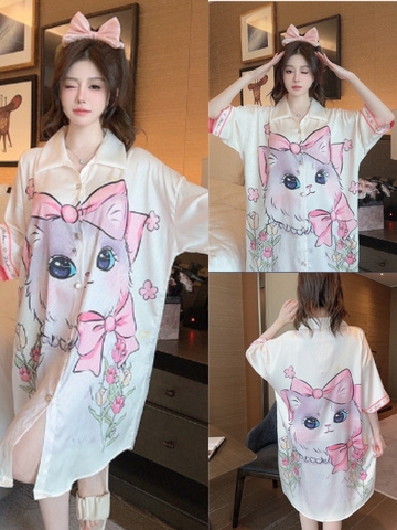 Váy ngủ Pijama hàng hiệu form xuông lụa cao cấp hottrent Trắng phối Họa tiết Mèo mặt lớn DN233240