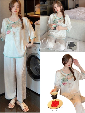 Đồ ngủ Pijama hàng hiệu form dài lụa cao cấp hottrent Trắng phong cách sườn xám DN240240
