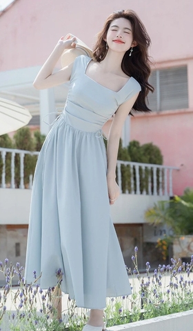 Đầm xanh dáng dài cổ vuông nhún eo phong cách Hàn Quốc nhẹ nhàng thanh lịch đi chơi, đi tiệc D178240