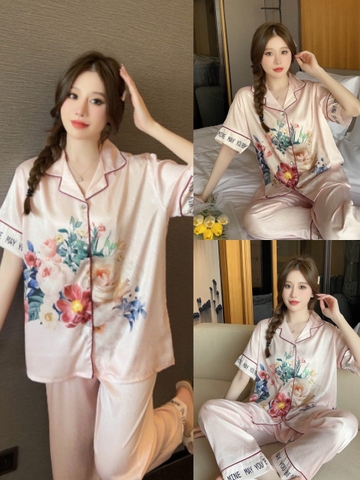 Đồ ngủ Pijama hàng hiệu dáng dài lụa băng cao cấp hottrent Hồng phối họa tiết Hoa DN301240
