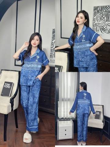 Đồ ngủ Pijama hàng hiệu dáng dài lụa cao cấp hottrent Họa tiết trung hoa xanh DN317240