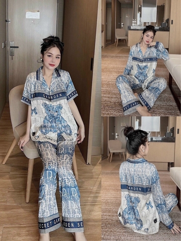 Đồ ngủ Pijama hàng hiệu dáng dài lụa cao cấp hottrent Trắng phối Xanh Họa tiết hình Gấu DN318240