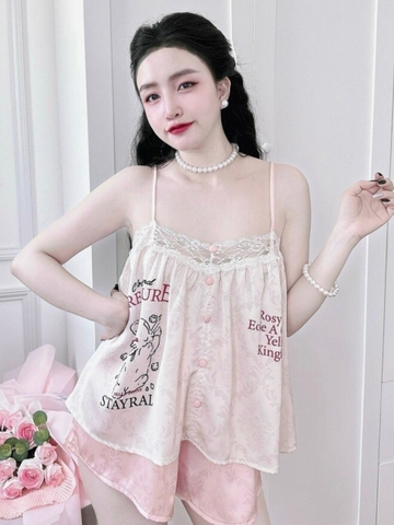 Đồ ngủ Pijama 2 dây bánh bèo hàng hiệu lụa cao cấp hottrent Trắng phối hồng DN321240