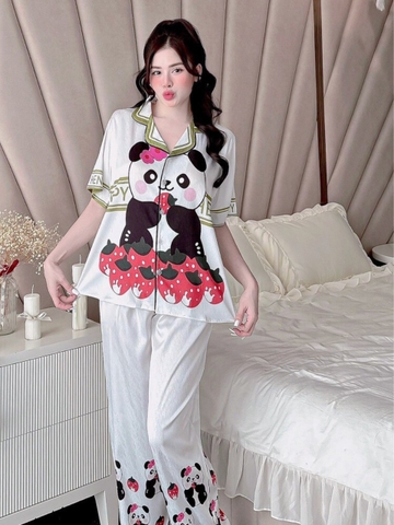 Đồ ngủ Pijama hàng hiệu dáng dài lụa cao cấp hottrent Trắng phối họa tiết Gấu trúc DN322240