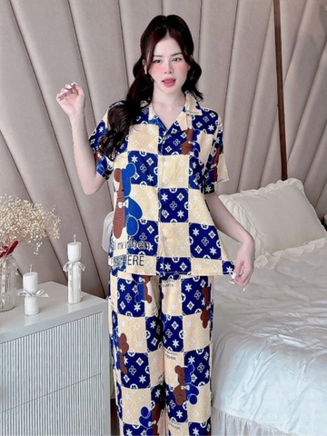 Đồ ngủ Pijama hàng hiệu dáng dài lụa cao cấp hottrent Vàng xanh phối họa tiết LV DN323240